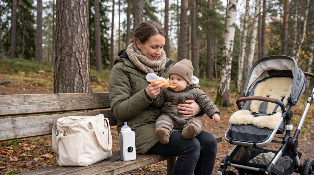Förälder matar bebis med flaska från laddningsbar flaskvärmare på vinterpromenad