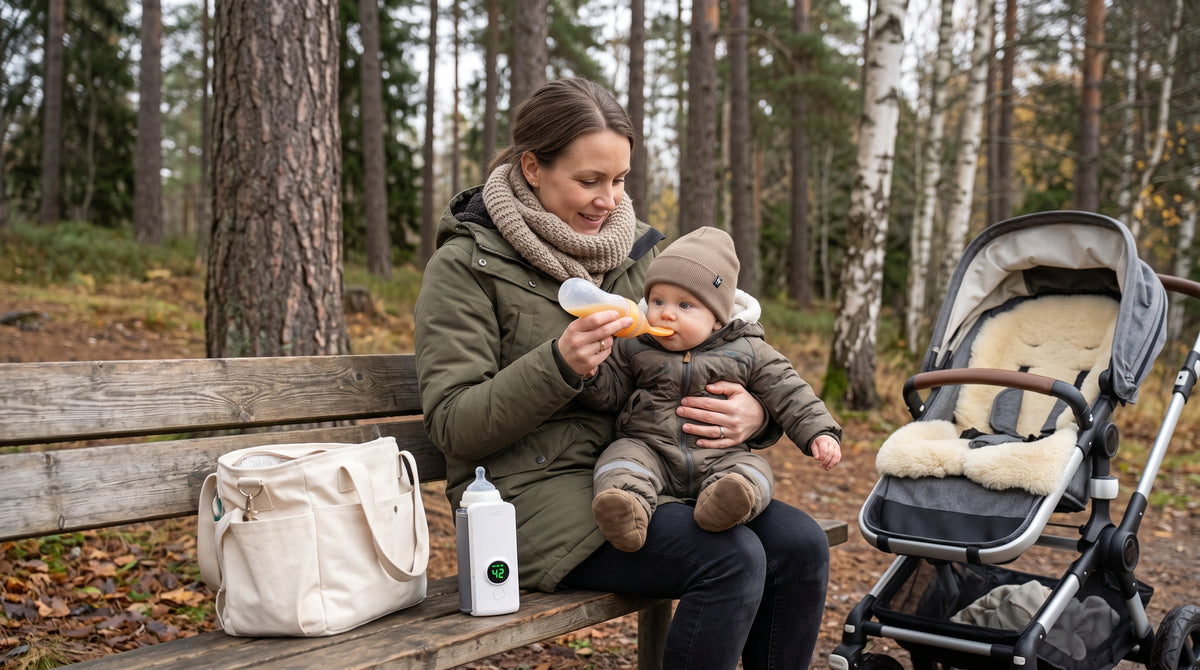 Förälder matar bebis med flaska från laddningsbar flaskvärmare på vinterpromenad