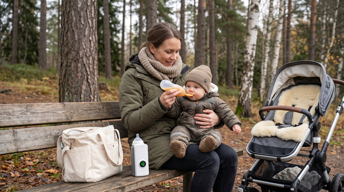 Förälder matar bebis med flaska från laddningsbar flaskvärmare på vinterpromenad