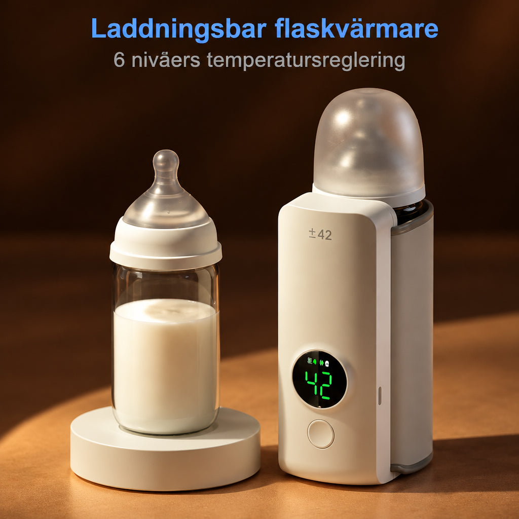 Portabel flaskvärmare med digital display bredvid nappflaska