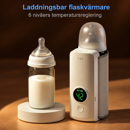 Portabel flaskvärmare med digital display bredvid nappflaska